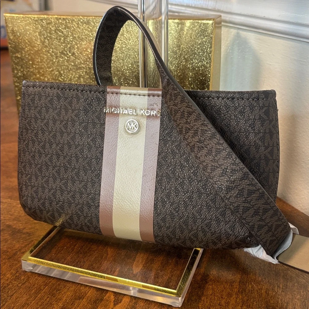 Michael Kors Monogram Crossbody Bag Brown Stripe Adjustable Belt Bag MK Signatu
